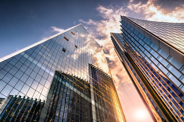 Tall buildings in a financial district.