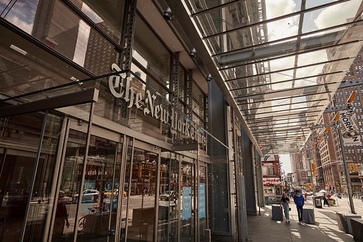 The entrance of The New York Times Building. 