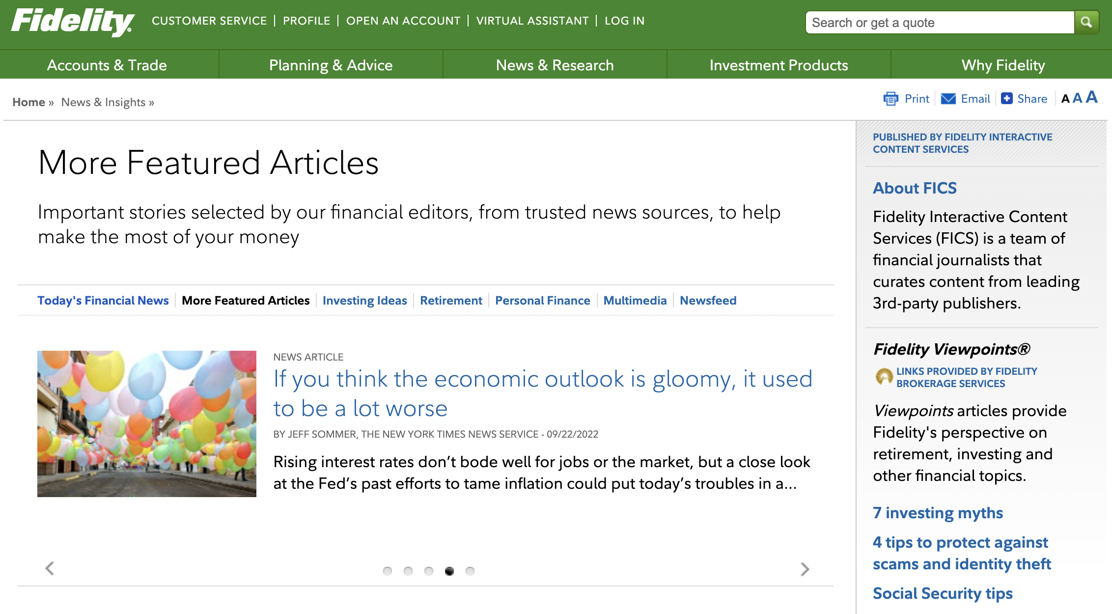 The news section on Fidelity Investments